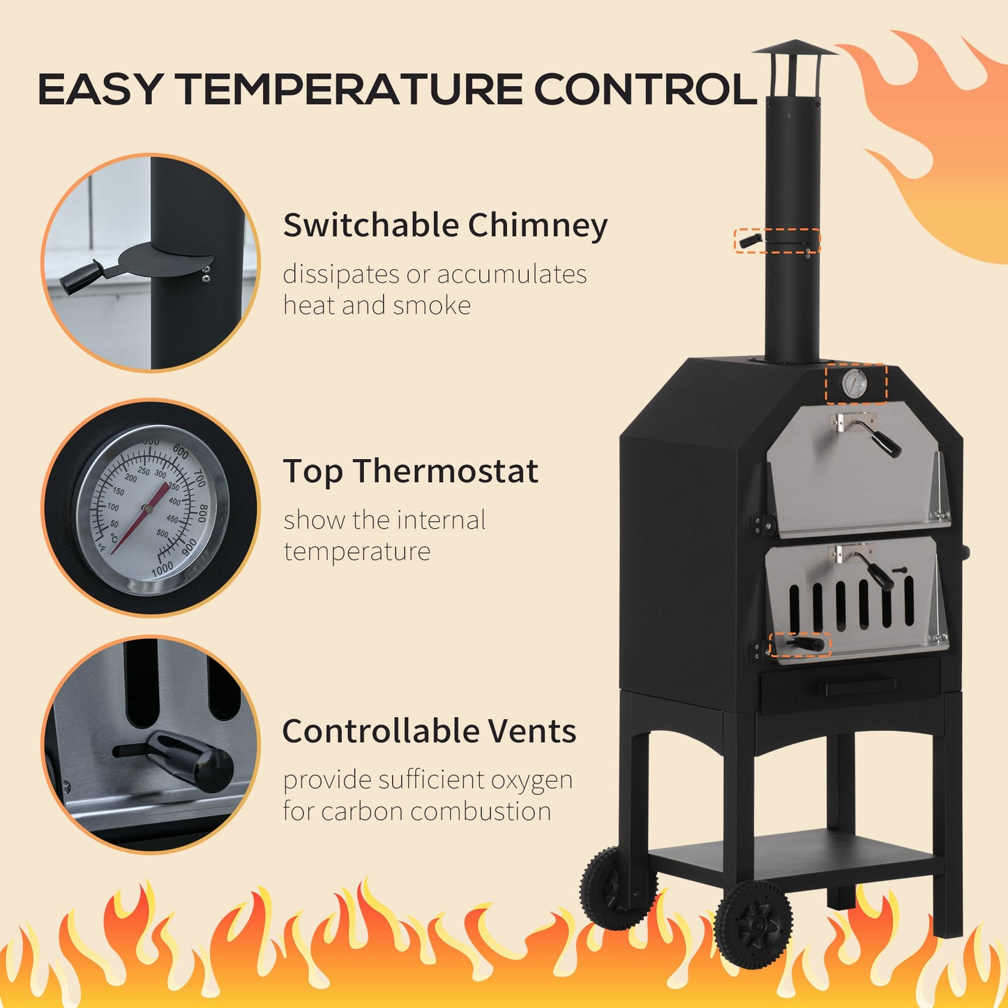 Outdoor Garden Pizza Oven Charcoal BBQ Grill 3-Tier Freestanding w/ Chimney