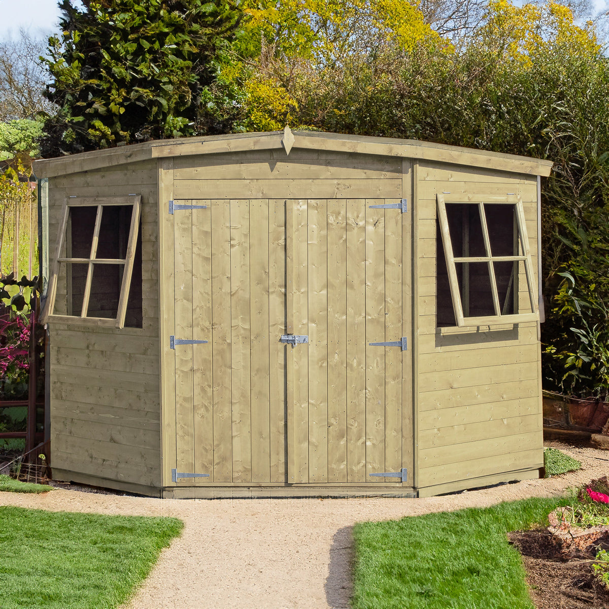 Corner 6' 5" x 6' 8" Flat Shed - Premium Pressure Treated Shiplap