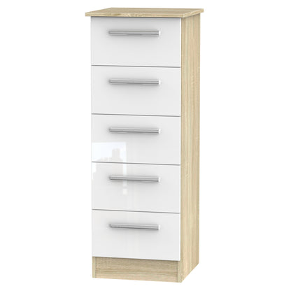 Contrast Tall Tallboy White & Oak 5 Drawers 108cm