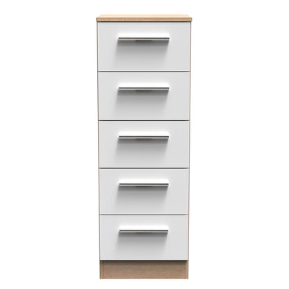 Contrast Tall Tallboy White & Oak 5 Drawers 108cm