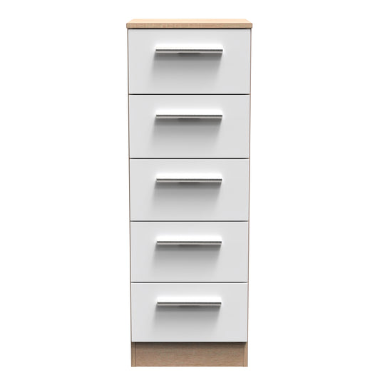 Contrast Tall Tallboy White & Oak 5 Drawers 108cm