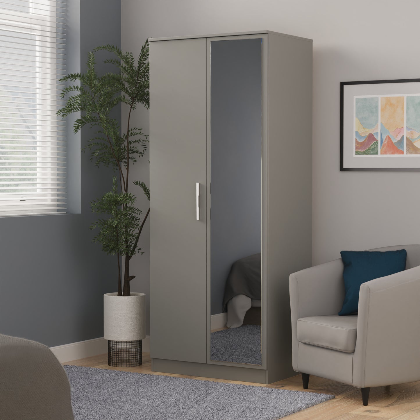 Contrast Tall Mirror Wardrobe Grey 2 Doors 1 Shelf 182cm