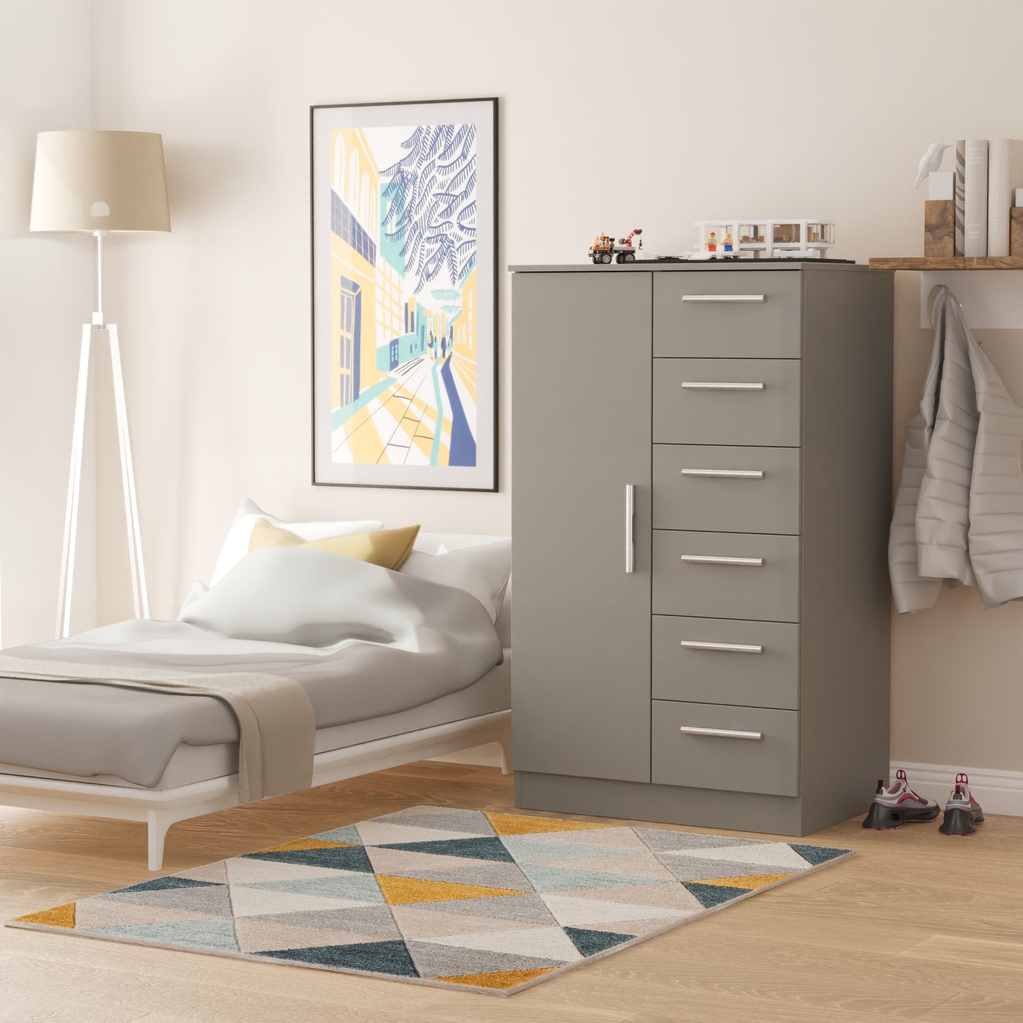 Contrast Tall Wardrobe Grey 1 Door 1 Shelf 5 Drawers 126cm