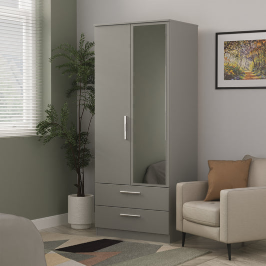 Contrast Tall Mirror Wardrobe Grey 2 Doors 2 Drawers 182cm