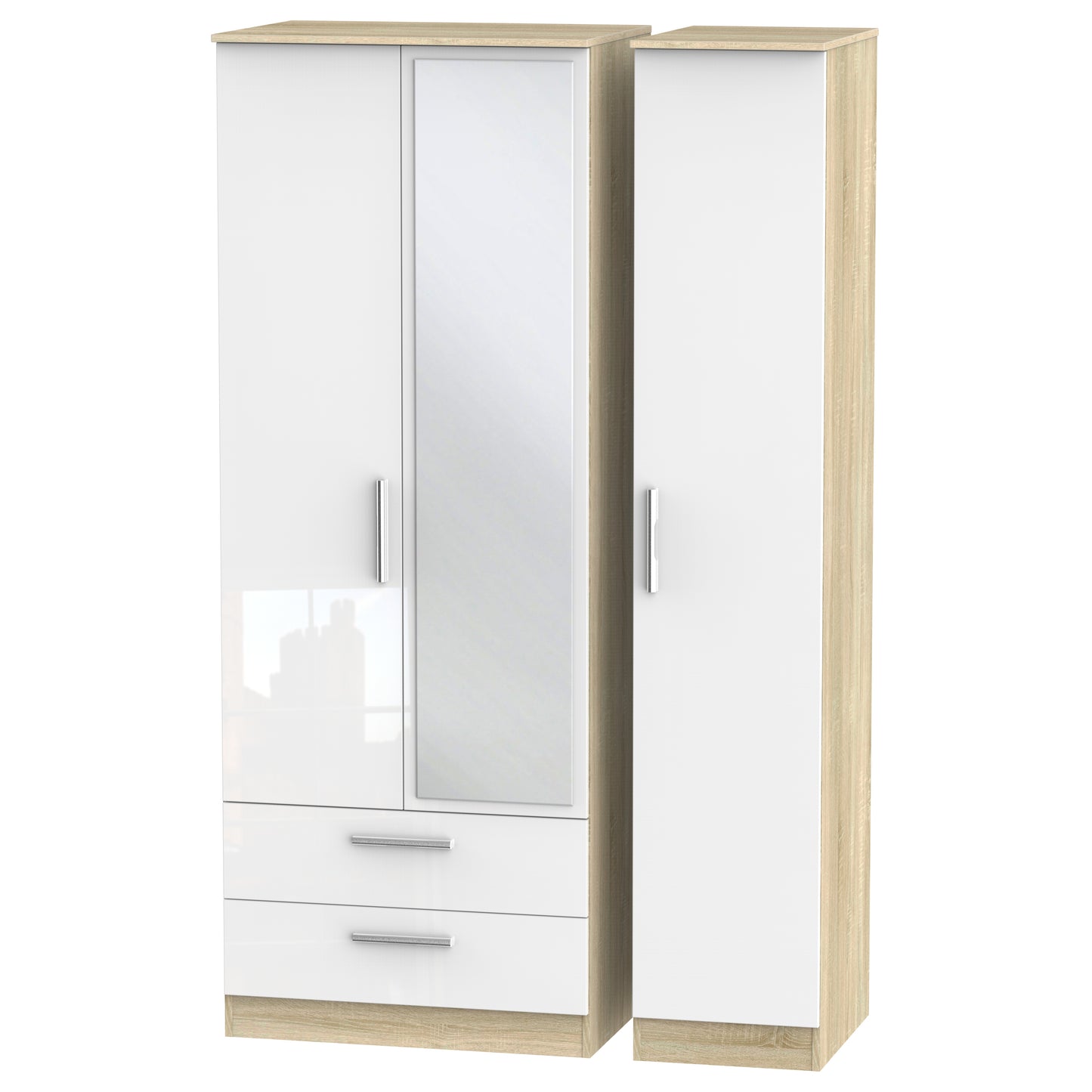 Contrast Tall Mirror Wardrobe White & Oak 1 Shelf 2 Drawers 196cm