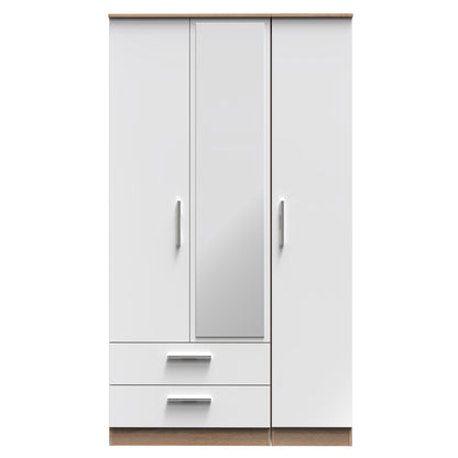 Contrast Tall Mirror Wardrobe White & Oak 1 Shelf 2 Drawers 196cm
