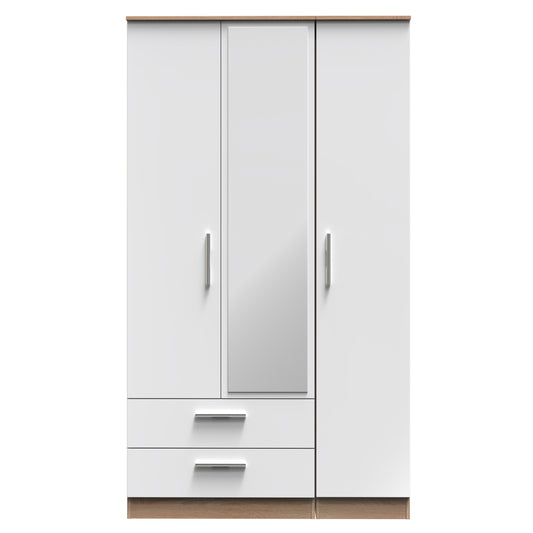 Contrast Tall Mirror Wardrobe White & Oak 1 Shelf 2 Drawers 196cm