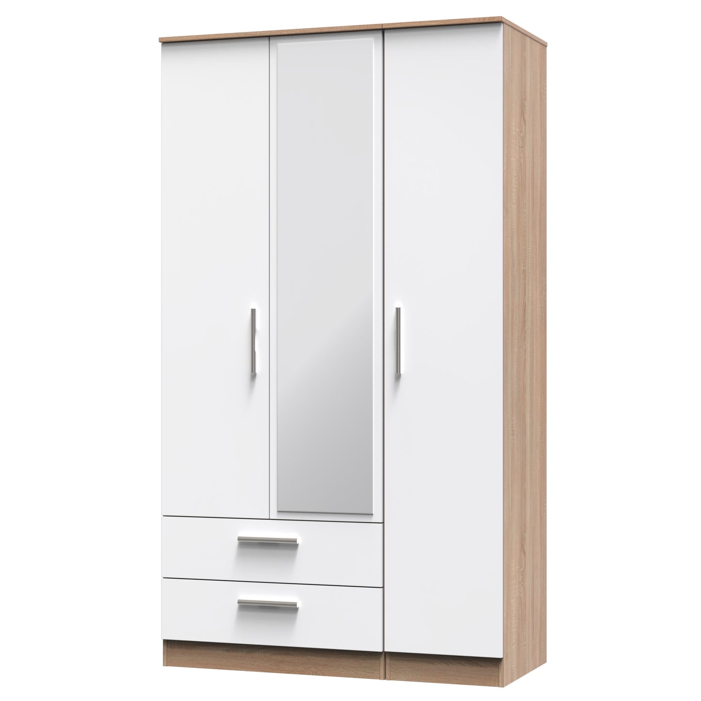 Contrast Tall Mirror Wardrobe White & Oak 1 Shelf 2 Drawers 196cm