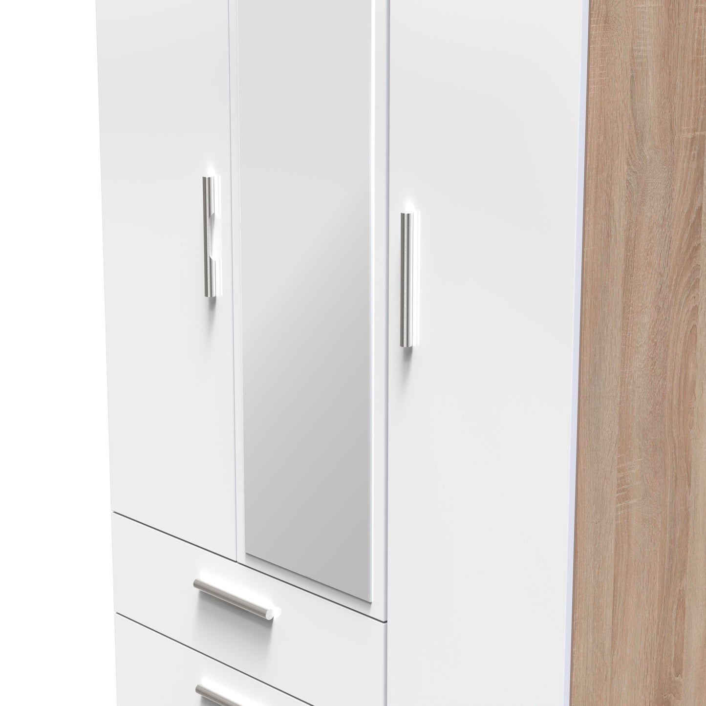 Contrast Tall Mirror Wardrobe White & Oak 1 Shelf 2 Drawers 196cm