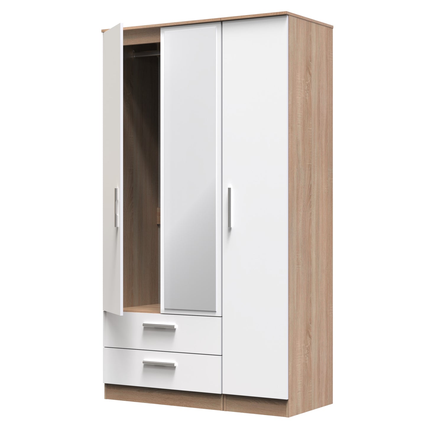 Contrast Tall Mirror Wardrobe White & Oak 1 Shelf 2 Drawers 196cm