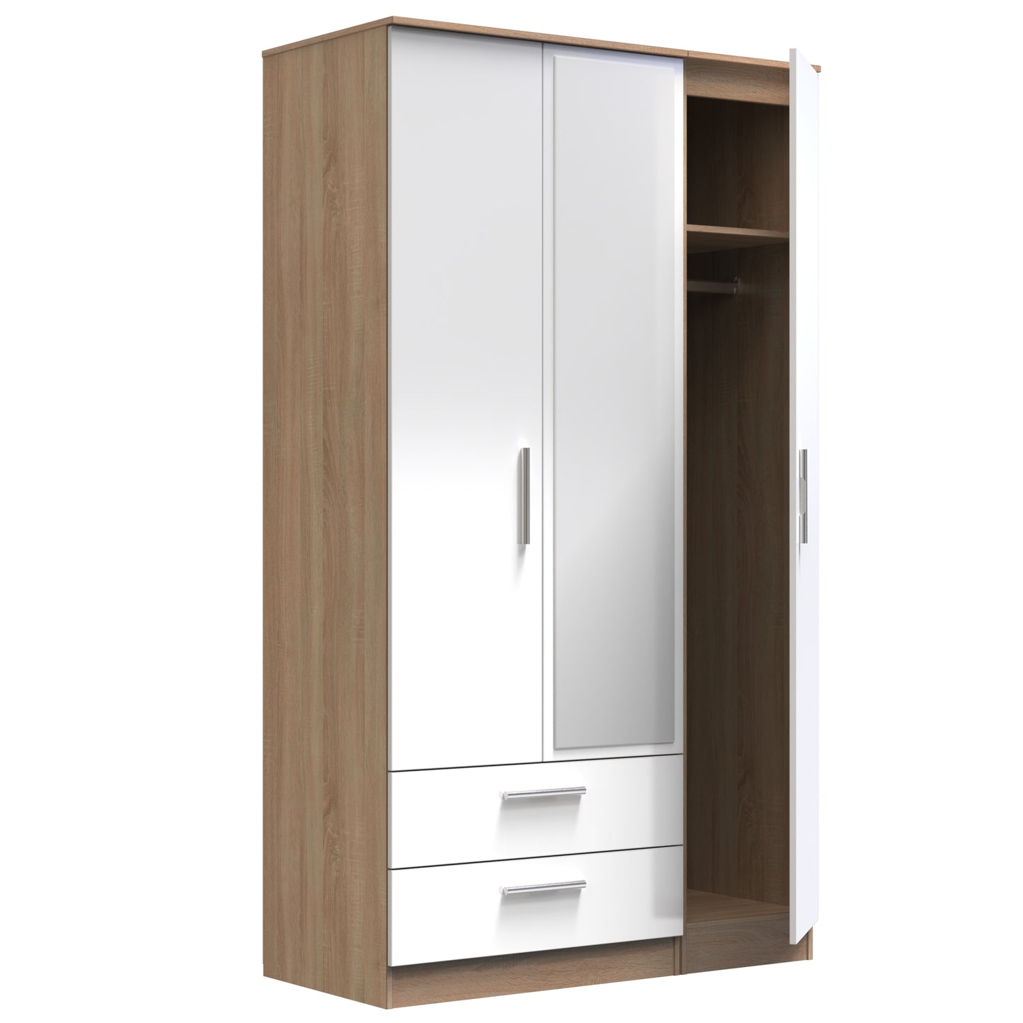 Contrast Tall Mirror Wardrobe White & Oak 1 Shelf 2 Drawers 196cm