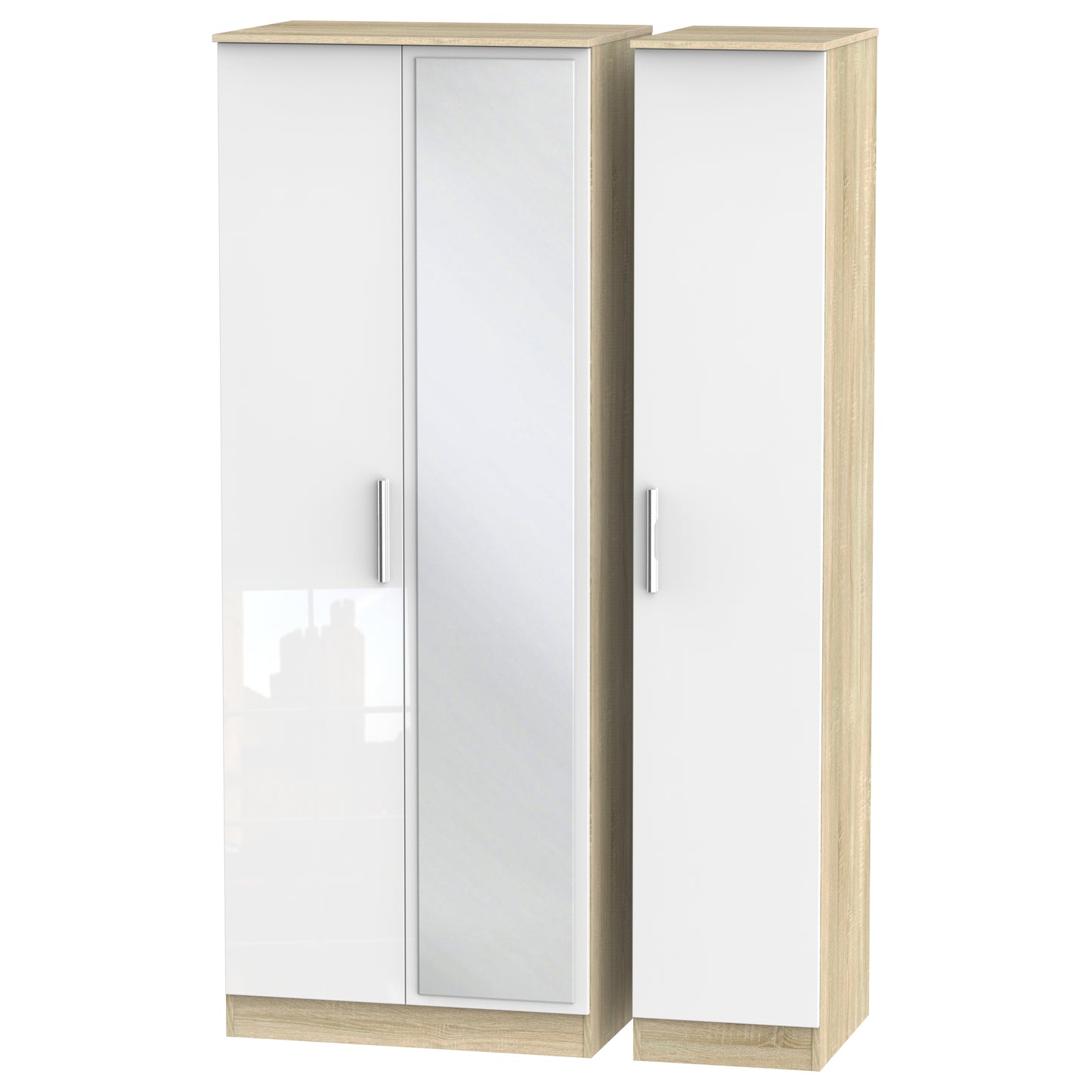 Contrast Tall Mirror Wardrobe White & Oak 2 Shelves 196cm