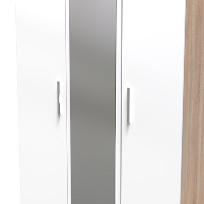Contrast Tall Mirror Wardrobe White & Oak 2 Shelves 196cm