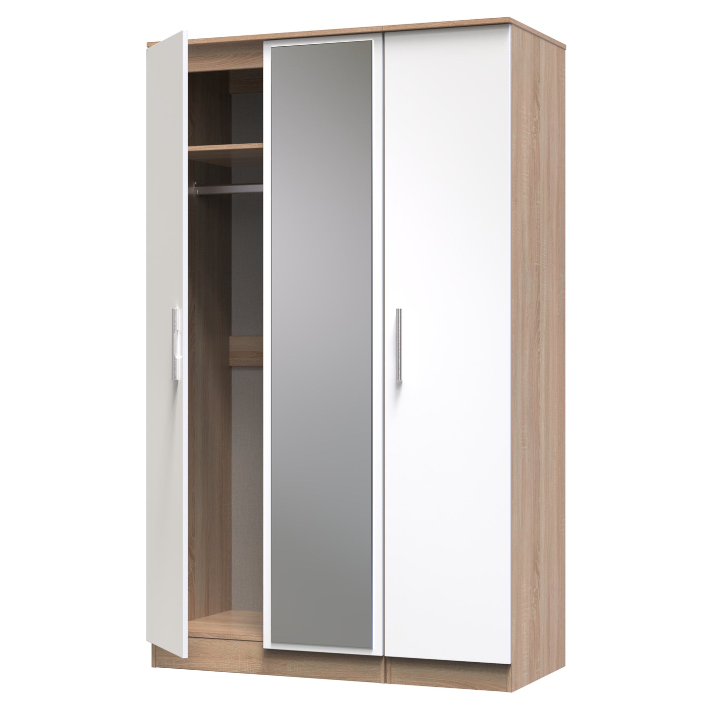 Contrast Tall Mirror Wardrobe White & Oak 2 Shelves 196cm