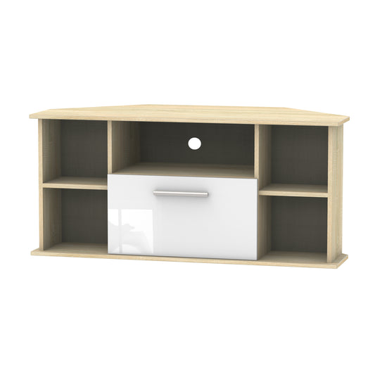 Contrast Corner Corner TV Unit White & Oak 5 Shelves 1 Drawer 110cm