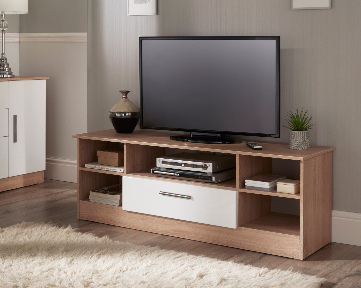 Contrast TV Unit White & Oak 5 Shelves 1 Drawer 144cm