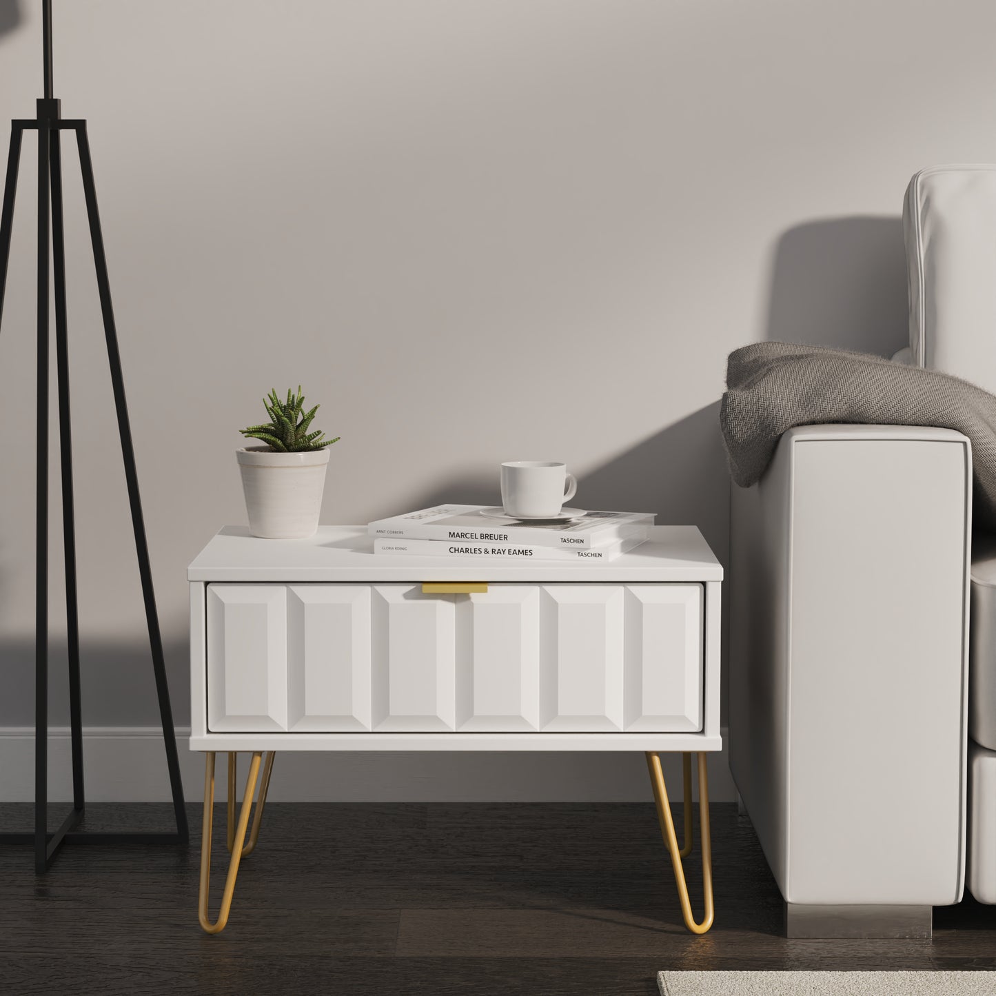 Cube Side Table White 1 Drawer 58cm