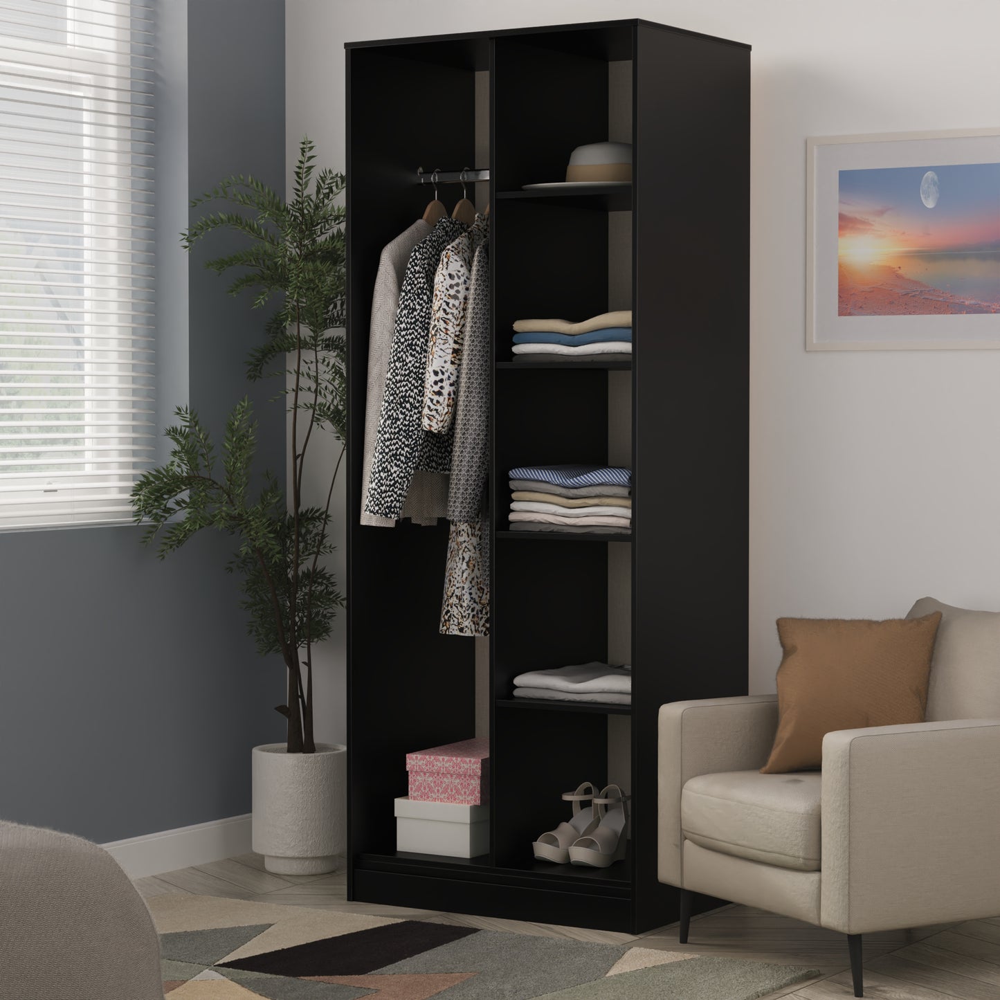 Cube Tall Wardrobe Black 5 Shelves 197cm