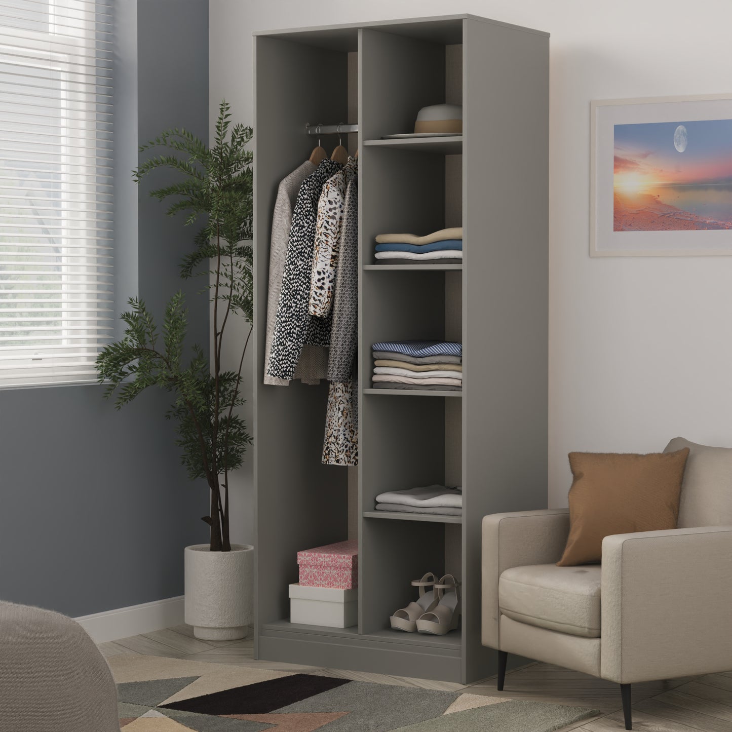 Cube Tall Wardrobe Grey 5 Shelves 197cm