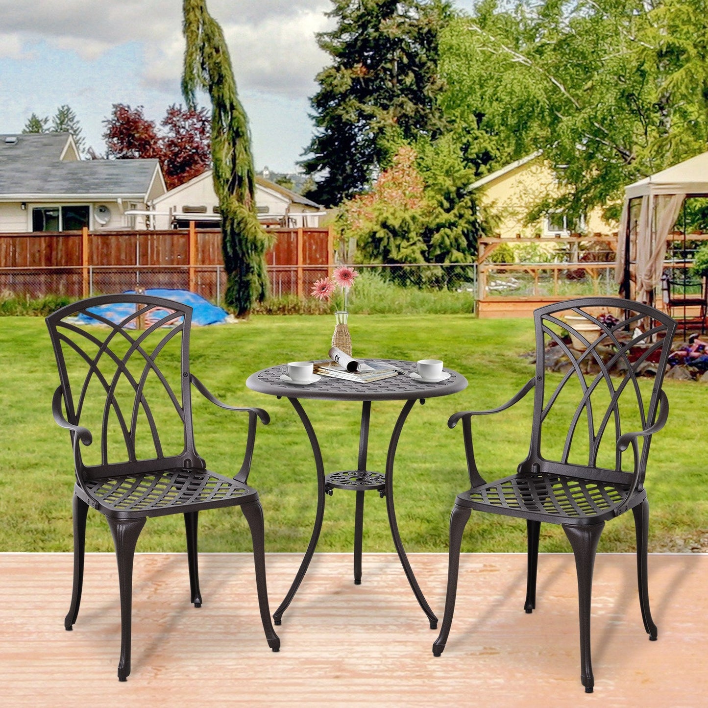 Patio Cast Aluminium 3-Piece Bistro Set Coffee Table & 2 Chairs Set Outdoor Garden Furniture Set