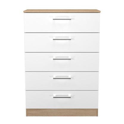 Devon Tall Chest of Drawers White & Oak 5 Drawers 108cm