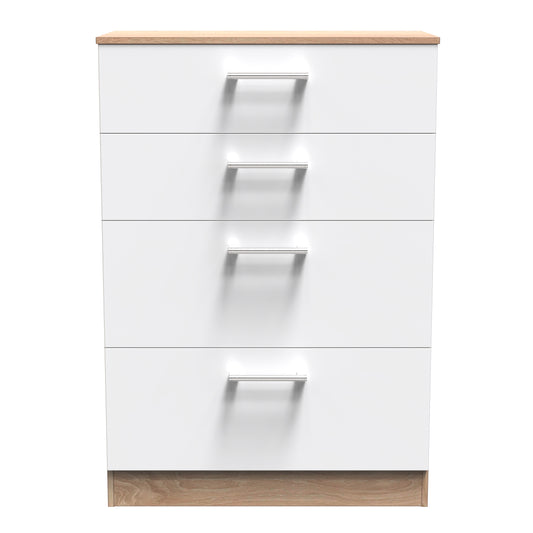 Devon Tall Chest of Drawers White & Oak 4 Drawers 108cm