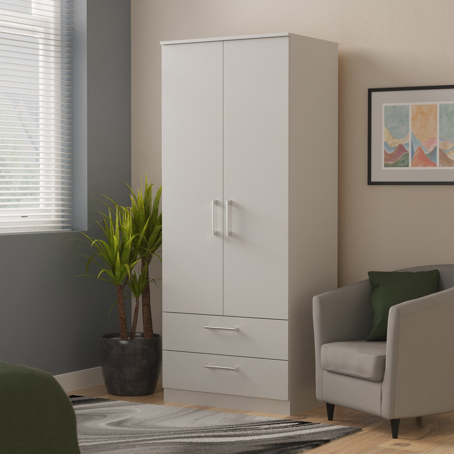Devon Tall Wardrobe Grey 2 Doors 2 Drawers 182cm