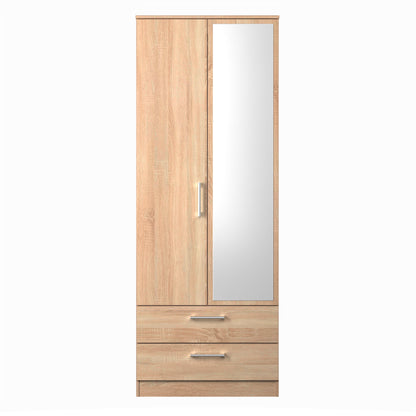 Devon Tall Mirror Wardrobe Oak 2 Doors 2 Drawers 182cm