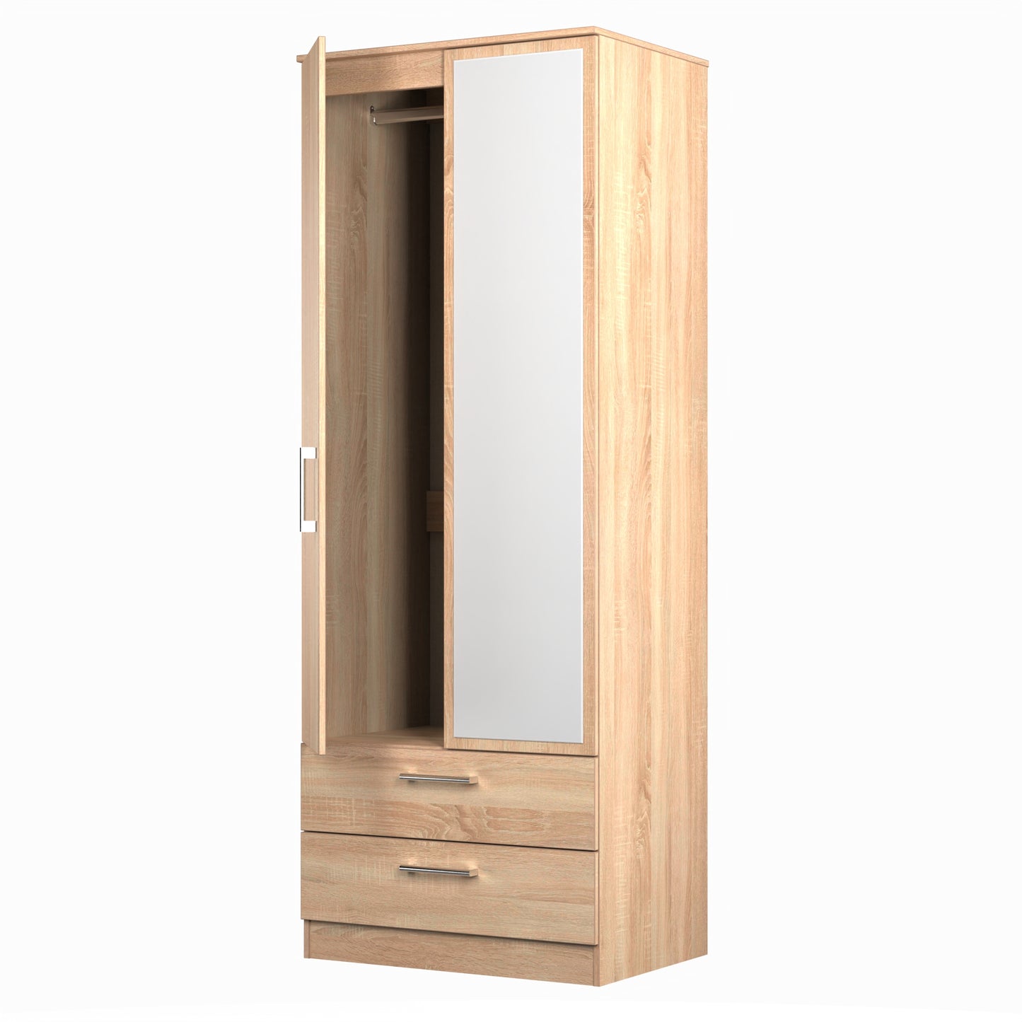 Devon Tall Mirror Wardrobe Oak 2 Doors 2 Drawers 182cm