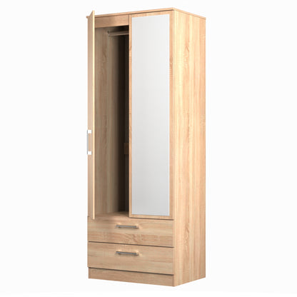 Devon Tall Mirror Wardrobe Oak 2 Doors 2 Drawers 182cm
