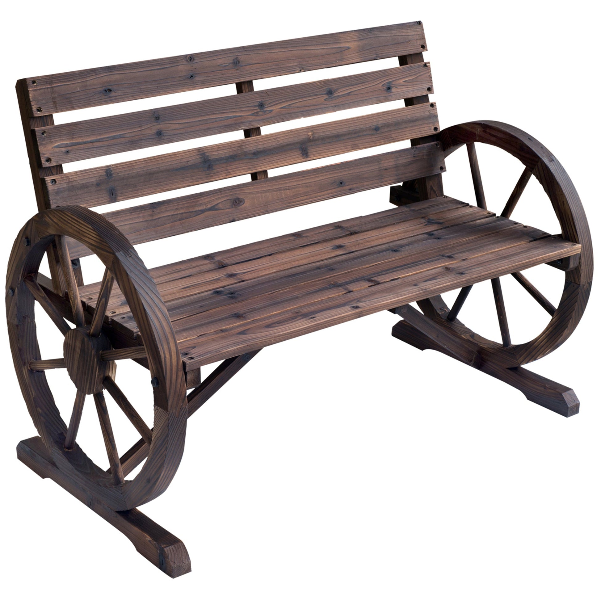 Wagon Wheel Chair Bench Armrest Rustic Loveseat Wood Outdoor Garden Primary Image