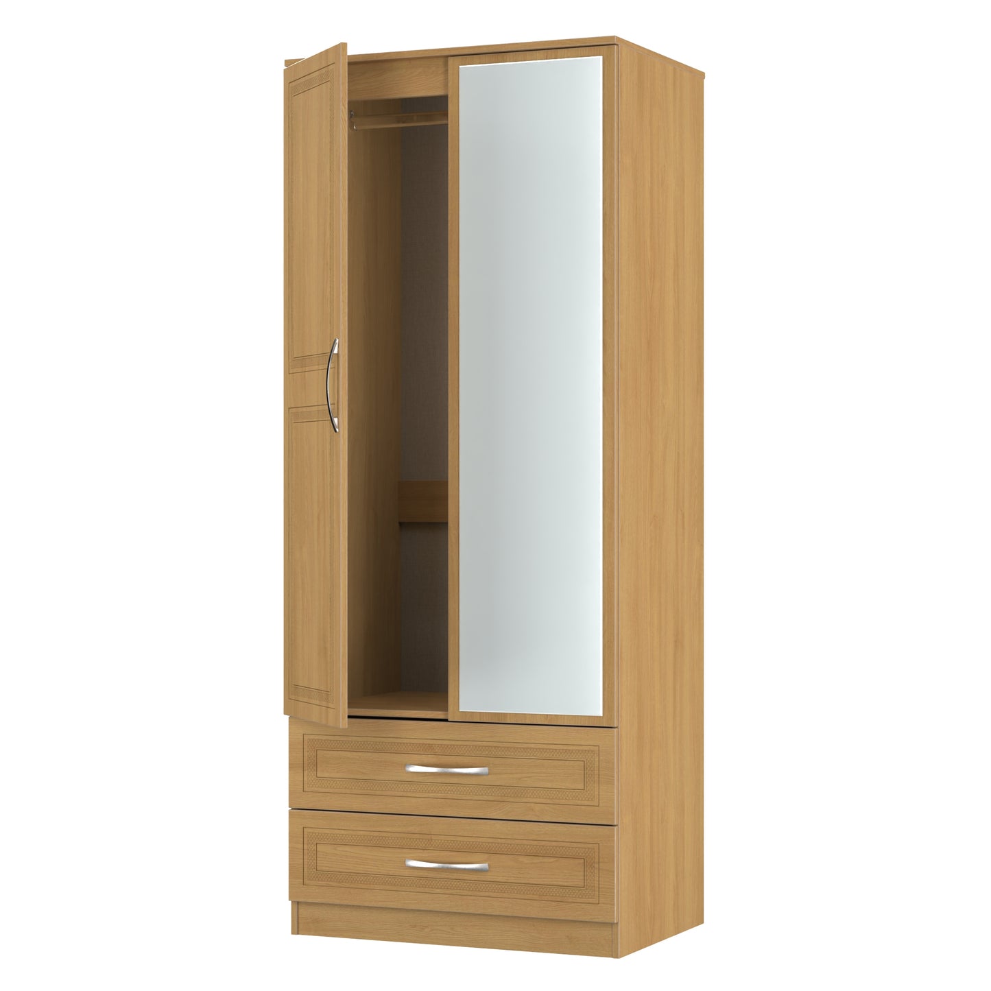 Dorset Tall Mirror Wardrobe Oak 2 Doors 2 Drawers 182cm