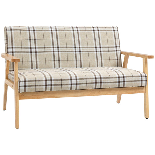 Compact Loveseat Couch Double Seat Sofa with Lattice Pattern and Rubber Wood Frame Beige and Coffee Primary Image