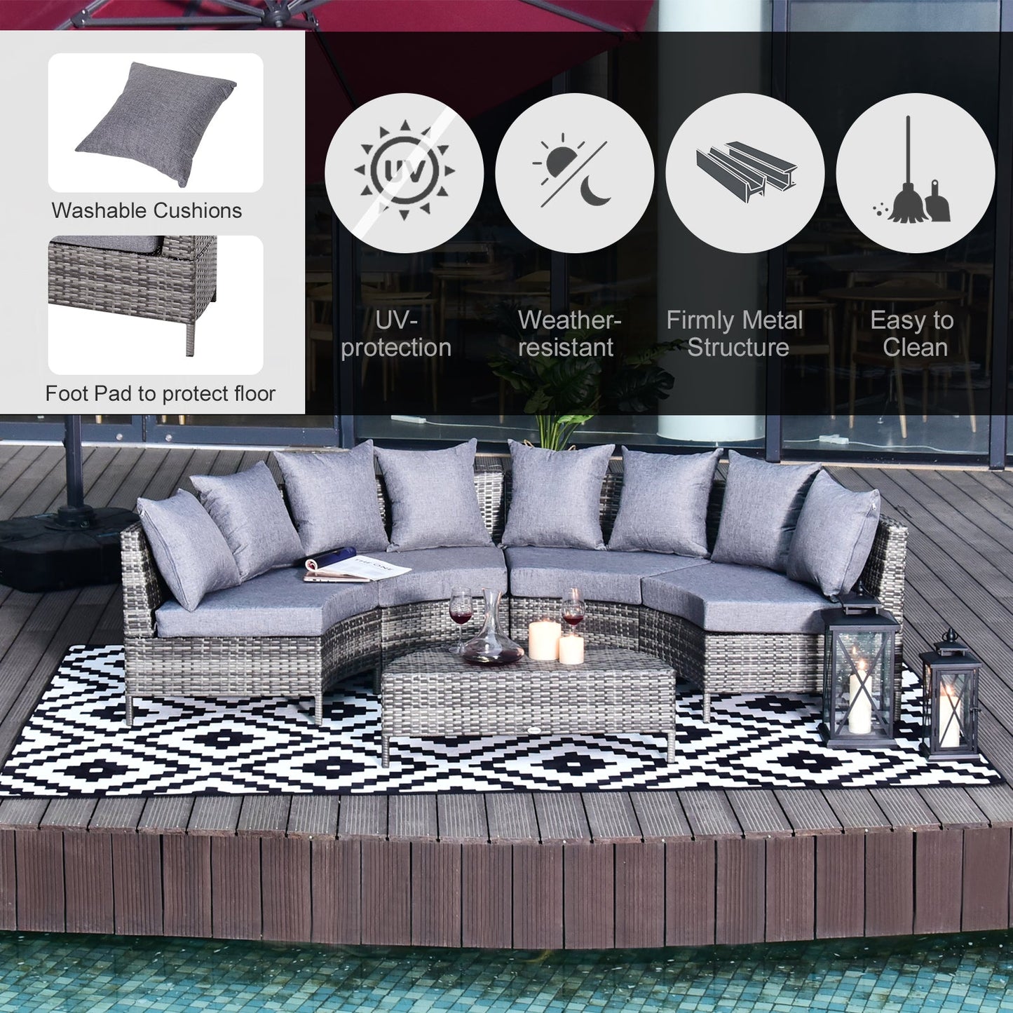 Rattan Garden Furniture 4 Seaters Half-Round Patio Outdoor Sofa & Table Set Wicker Weave Conservatory Cushioned Seat With Pillow - Grey