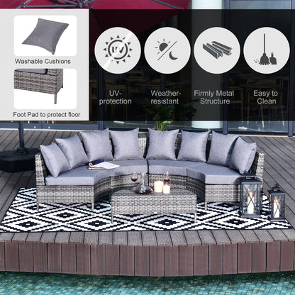 Rattan Garden Furniture 4 Seaters Half-Round Patio Outdoor Sofa & Table Set Wicker Weave Conservatory Cushioned Seat With Pillow - Grey