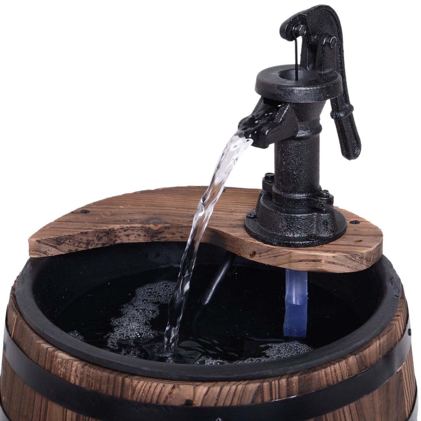Fir Wood Barrel Pump Fountain W/ Flower Planter