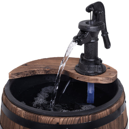 Fir Wood Barrel Pump Fountain W/ Flower Planter