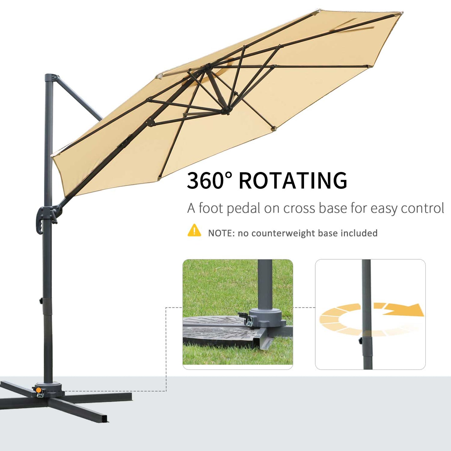 Round Umbrella Parasol W/ Tilt 360° Rotation and Hand Crank Cross Base-Beige