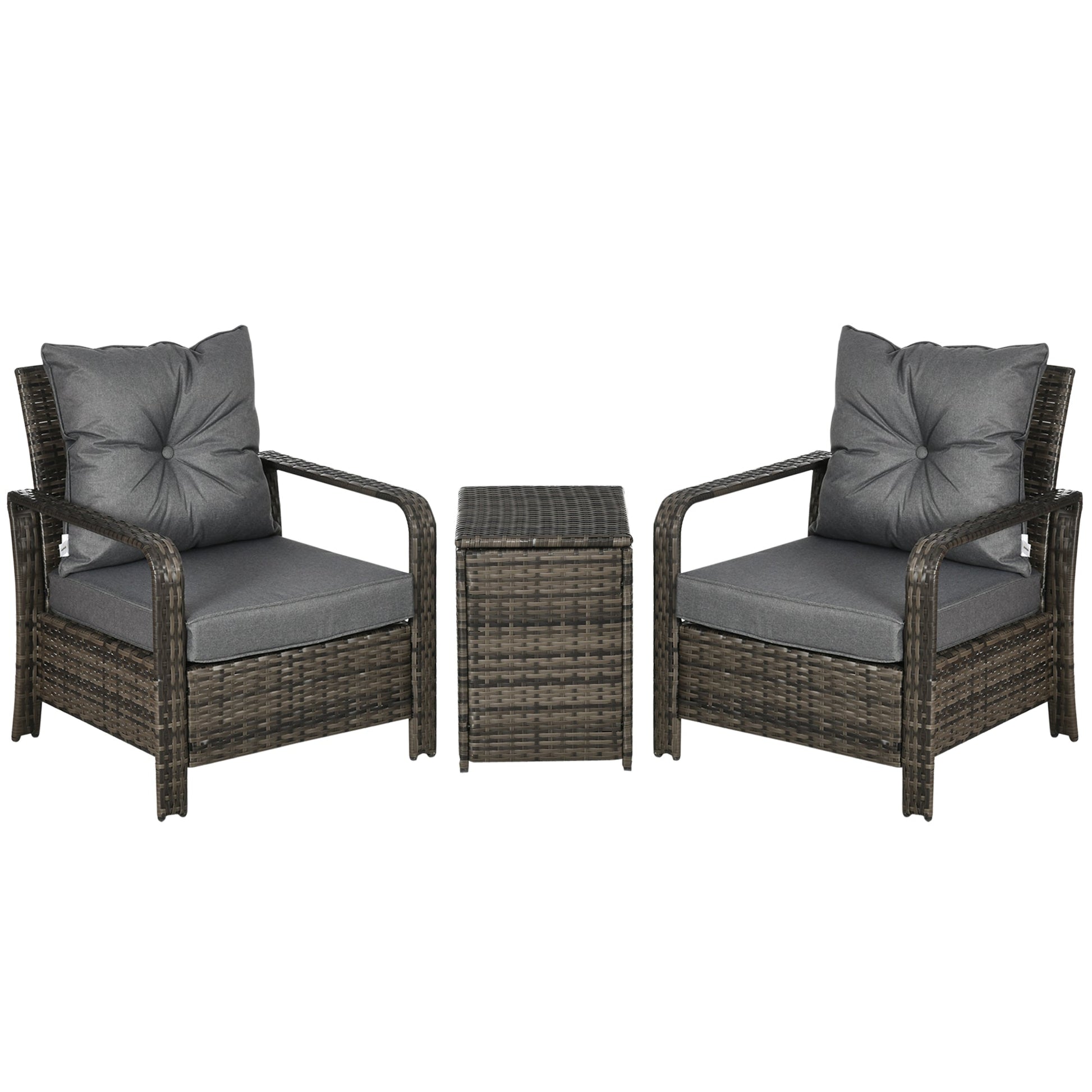 3-Piece PE Rattan Wicker Garden Furniture Patio Bistro Set Weave Conservatory Sofa Storage Table and Chairs Set Grey Cushion & Wicker Primary Image