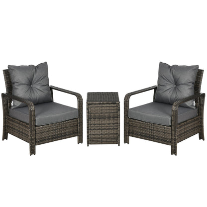 3-Piece PE Rattan Wicker Garden Furniture Patio Bistro Set Weave Conservatory Sofa Storage Table and Chairs Set Grey Cushion & Wicker Primary Image