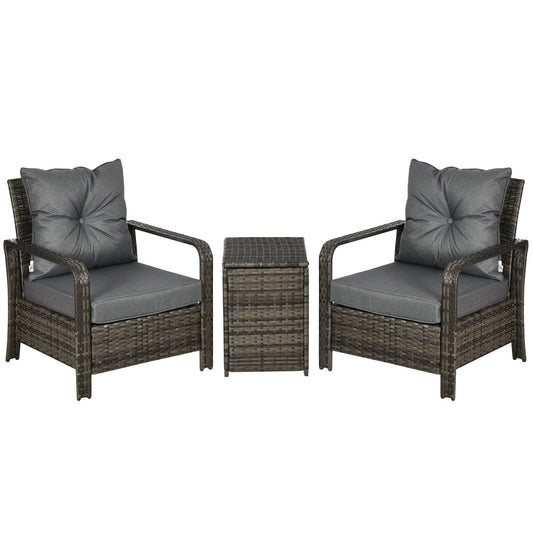 3-Piece PE Rattan Wicker Garden Furniture Patio Bistro Set Weave Conservatory Sofa Storage Table and Chairs Set Grey Cushion & Wicker