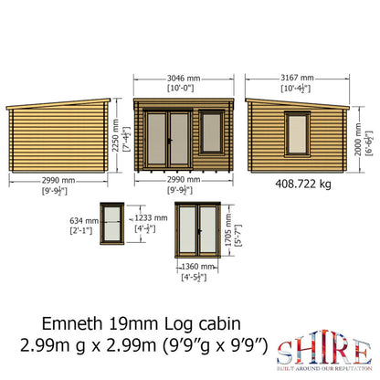 Shire Emneth 9' 9" x 9' 9" Pent Log Cabin - Premium 19mm Cladding Log Clad