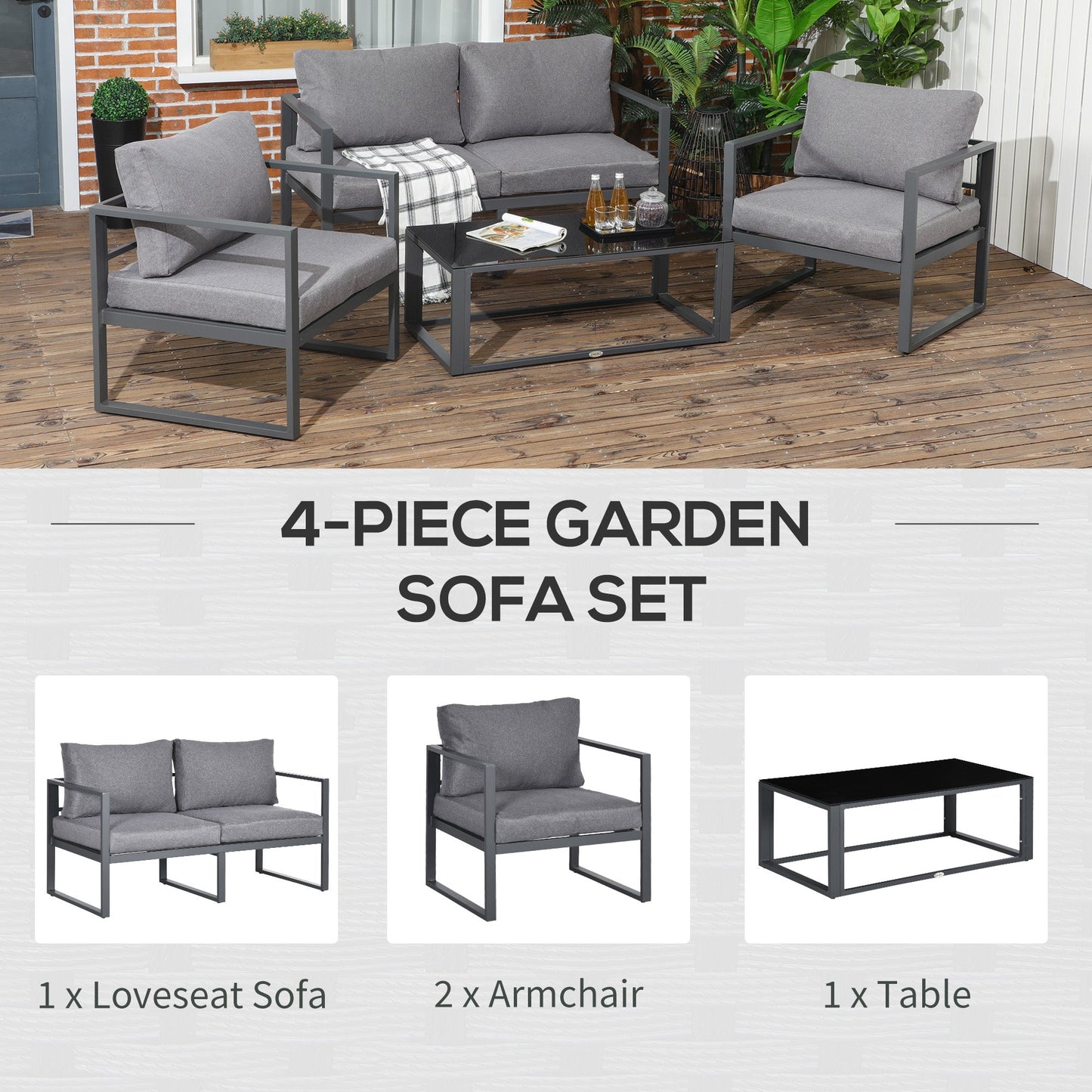 4-Pieces Garden Sofa Set 2 Single Armchair 1 Bench & Side Table Set Aluminium Frame Patio Furniture with Cushions Grey