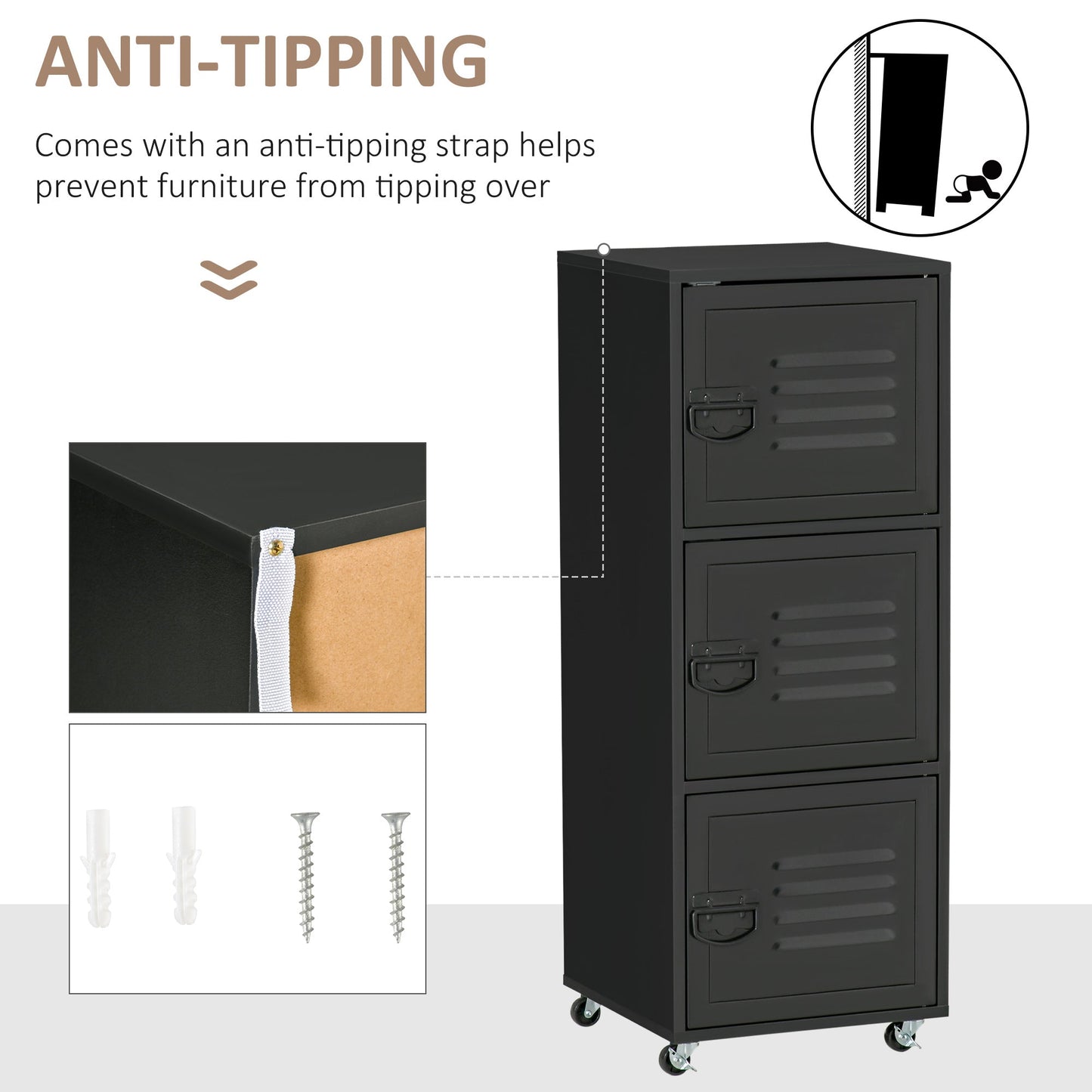 Rolling Storage Cabinet 3-Tier Mobile File Cabinet with Wheels & Metal Doors for Home Office