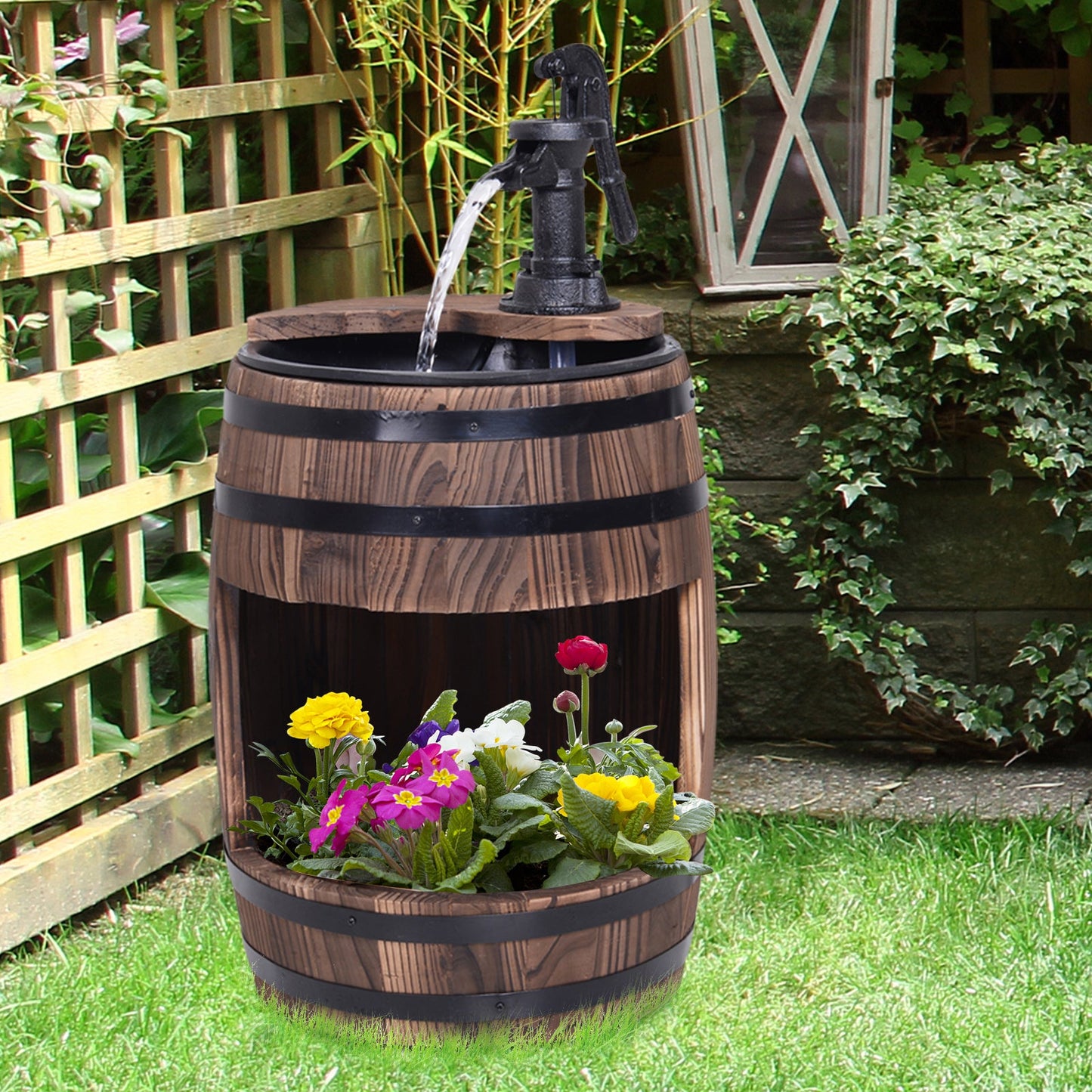 Fir Wood Barrel Pump Fountain W/ Flower Planter