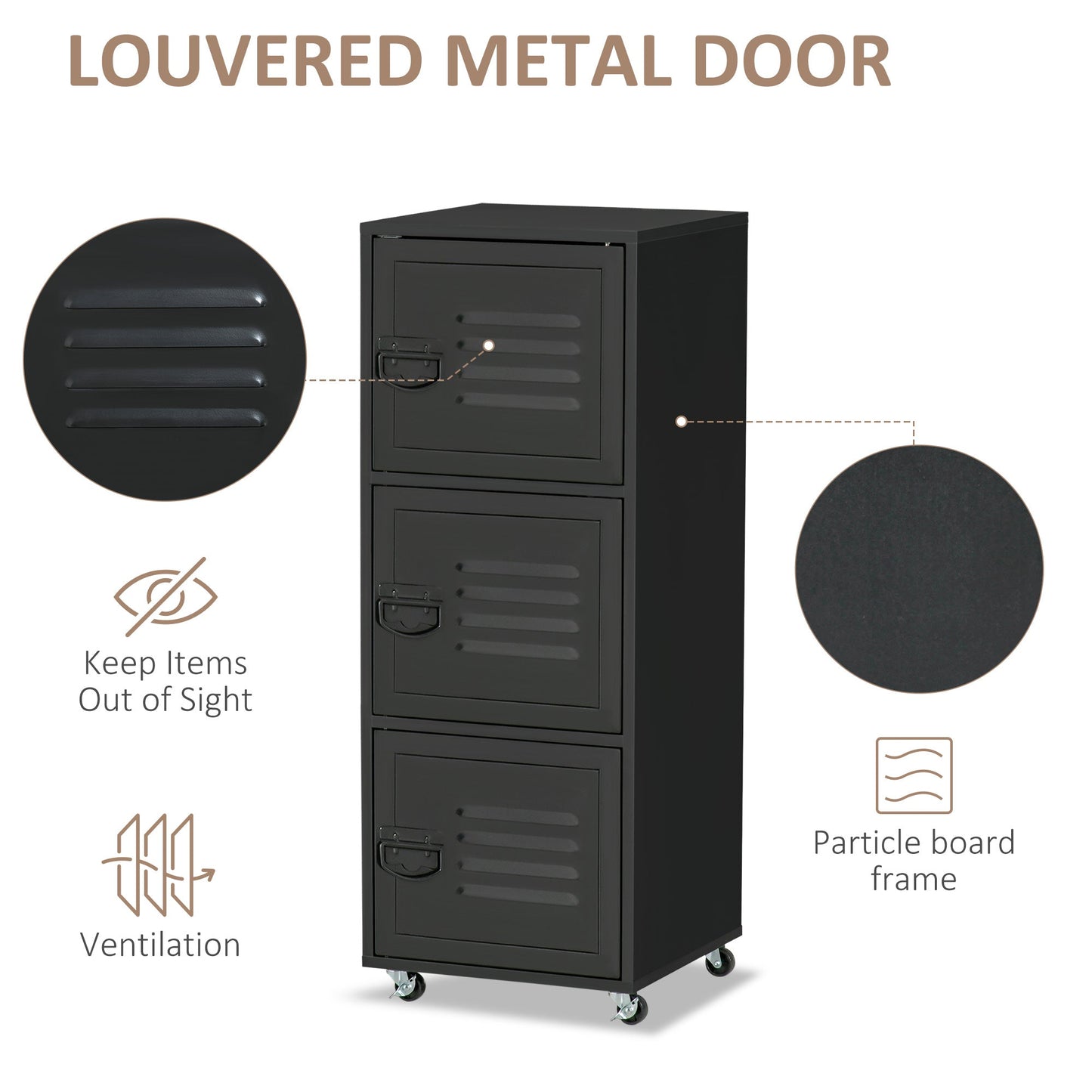 Rolling Storage Cabinet 3-Tier Mobile File Cabinet with Wheels & Metal Doors for Home Office