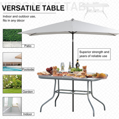 Garden Dining Table Glass Top Metal Frame with Parasol Hole Outdoor Balcony Grey 120L x 80W cm