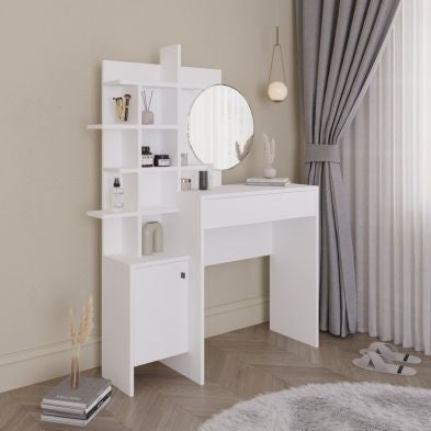 Freyja Tall Dressing Table White 1 Door 5 Shelves 1 Drawer