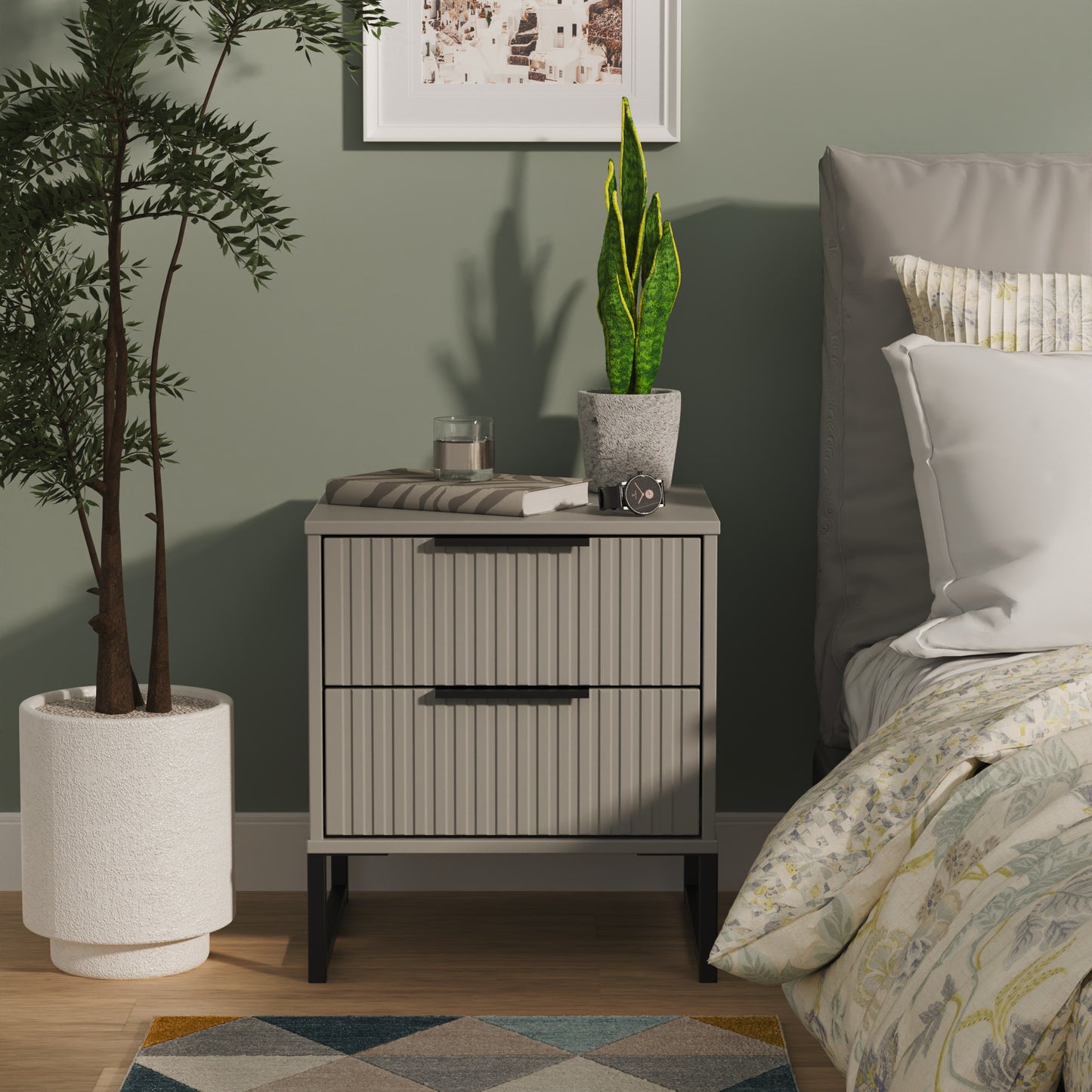 Fluted Bedside Table Grey 2 Drawers 60cm