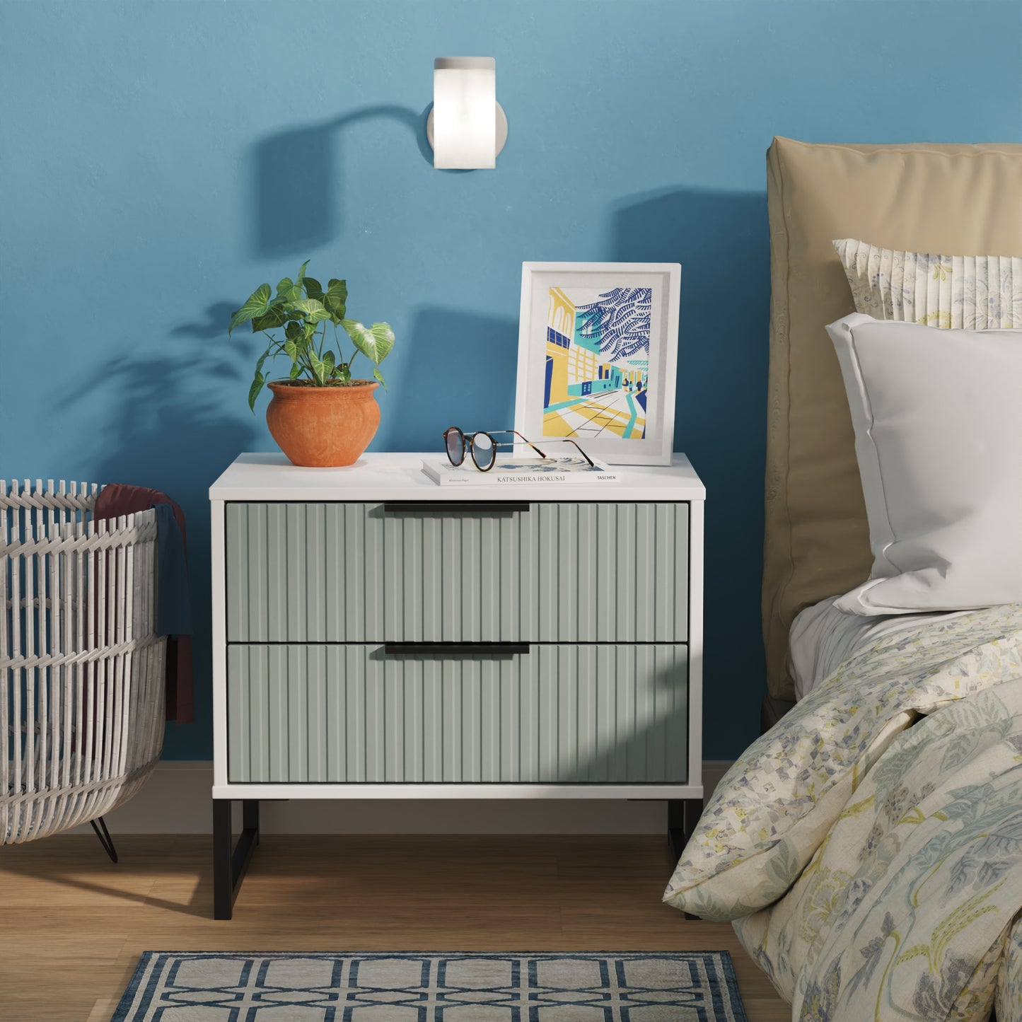 Fluted Side Table Teal & White 2 Drawers 60cm